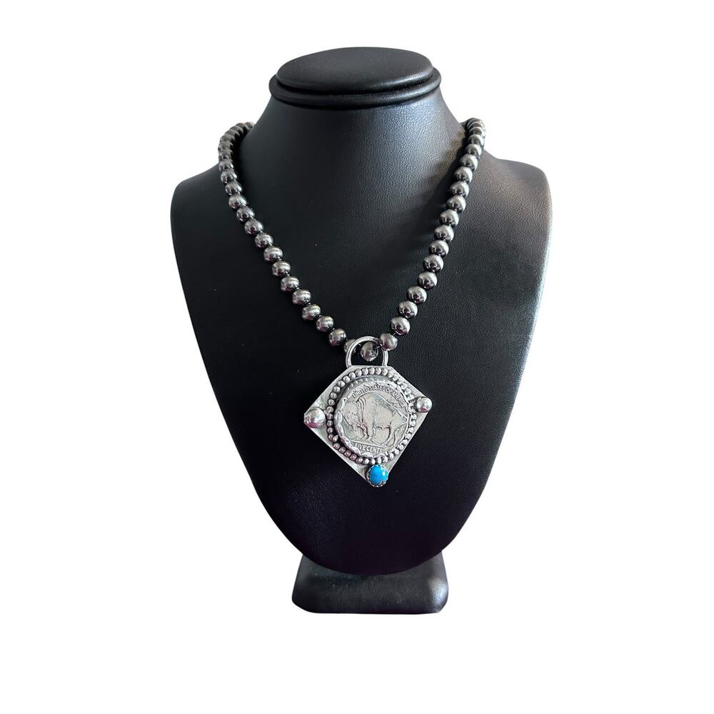Kingman Turquoise Sterling Silver Buffalo Nickel Pendent On 24” 6mm Faux Chain